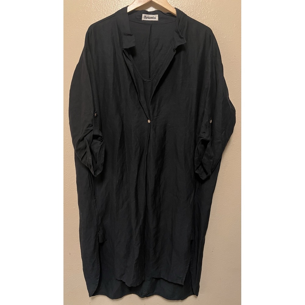 Mordenmiss Popover Linen Dress Tunic Pleat Button Front Roll Tab Sleeve Black